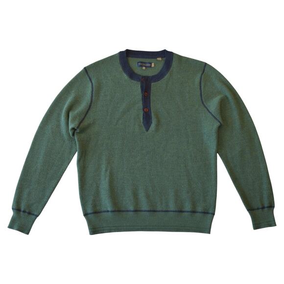 True Measure by J.L. Powell Wool Henley Sweater Green Navy Large - Picture 1 of 4
